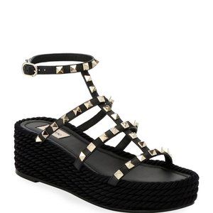 Valentino Black Rope-Wedge Studded Gladiator Sandal